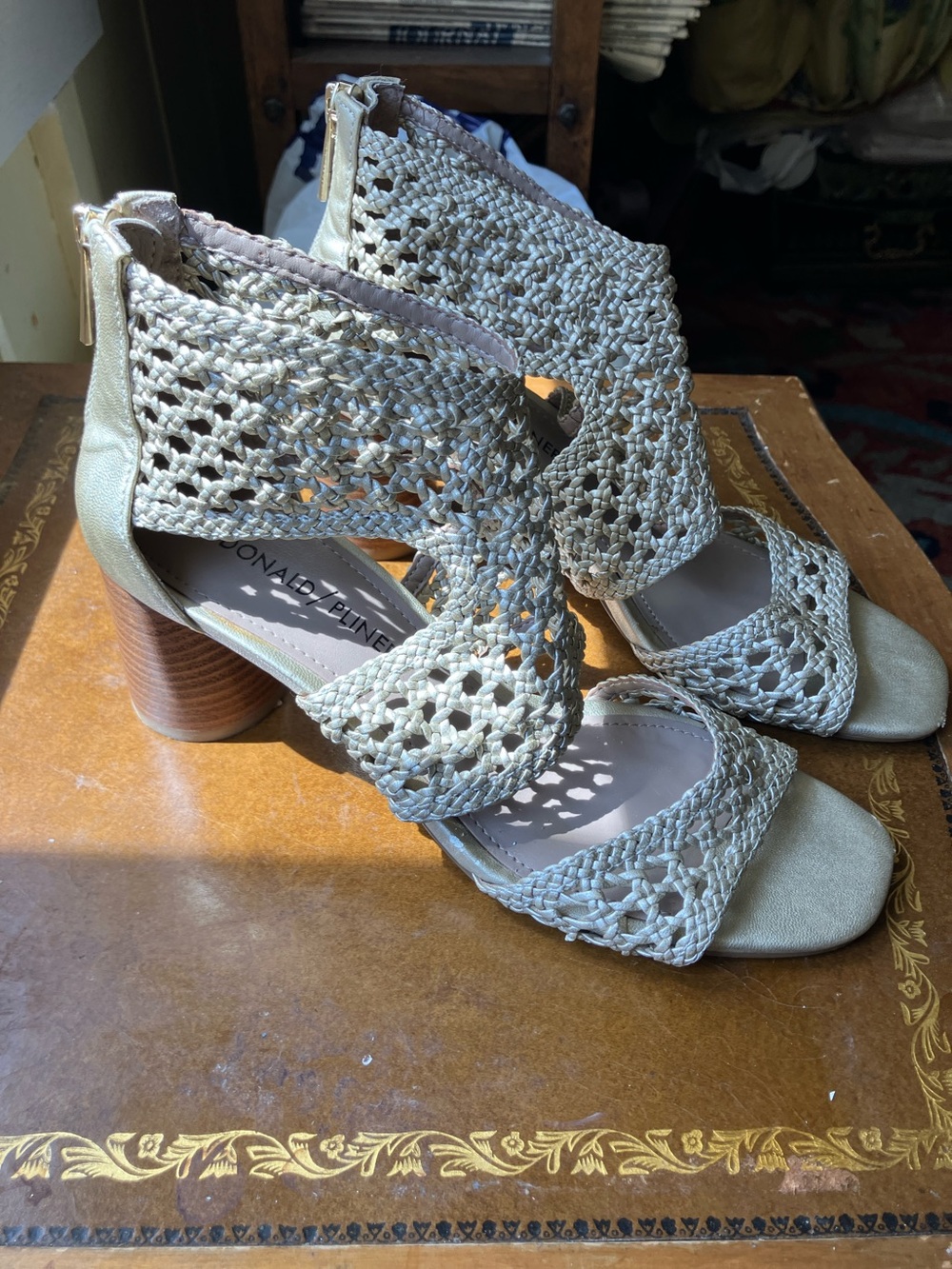Donald J. Pliner Taupe Crochet Open-Toe Block Heel Sandal